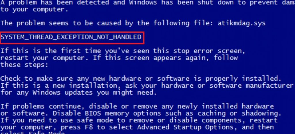 System thread exception not handled windows 7 что делать